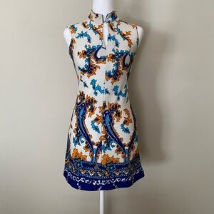 Vintage mandarin collar baroque paisley blue yellow and white dresss